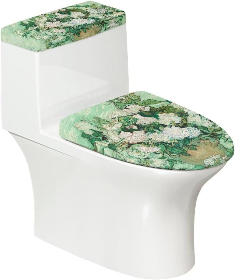 CREAMIC Van Gogh White Rose Toilet Lid Cover and Tank Lid Cover Machine Wash Bathroom Super Soft Toilet Lid Cover Set Seat Covers Fits Most Lids for Accessories Decor - Image 1